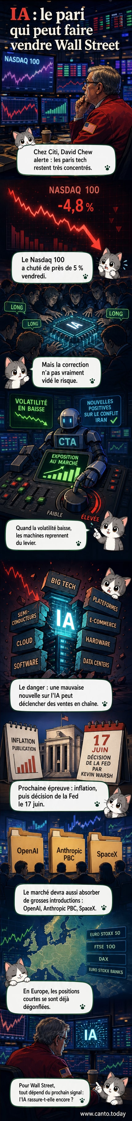 Illustration d'un marché boursier instable avec des flèches rouges en chute, entouré d'icônes d'intelligence artificielle et de graphiques financiers.
