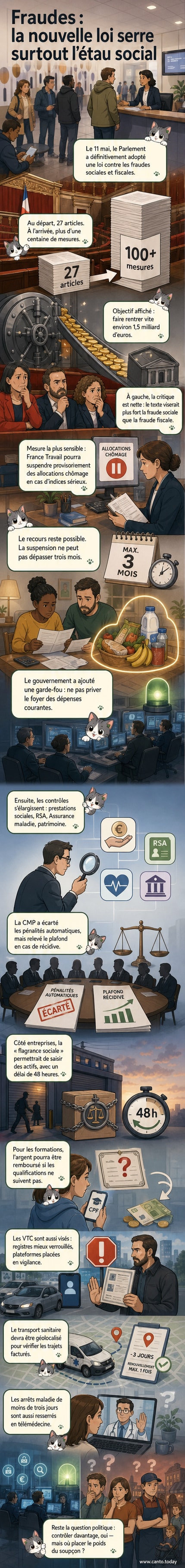 Illustration d'une balance penchée entre allocations chômage et contrôle fiscal, avec des symboles de données, de formations et de véhicules VTC en arrière-plan.