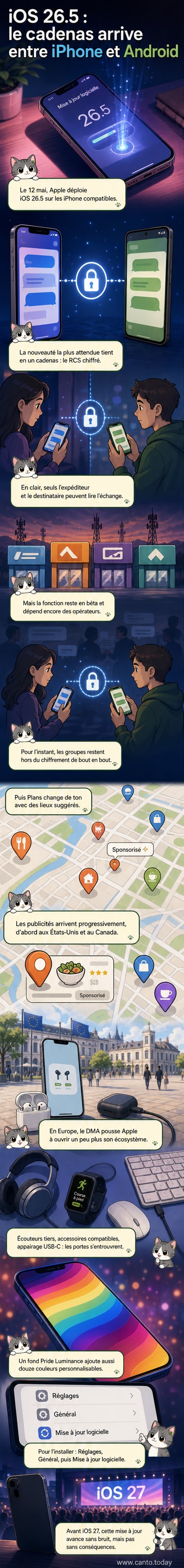 Illustration d’un iPhone affichant la mise à jour iOS 26.5, avec une bulle de message protégée par un cadenas et des icônes de nouvelles fonctionnalités comme Plans et le fond d’écran Pride.