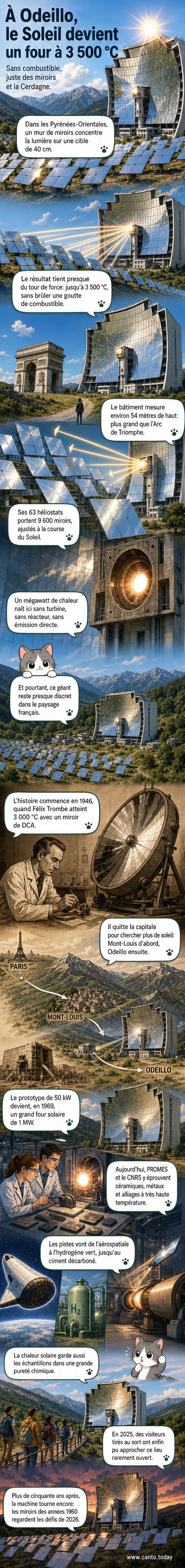 Vue aérienne du four solaire d’Odeillo dans les Pyrénées, avec un grand mur de miroirs incurvés face au soleil, entouré de montagnes.