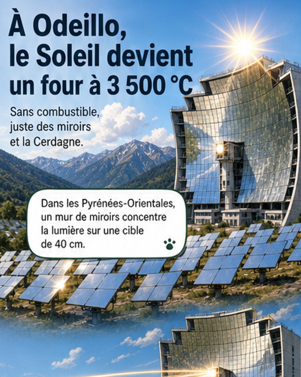 Vue aérienne du four solaire d’Odeillo dans les Pyrénées, avec un grand mur de miroirs incurvés face au soleil, entouré de montagnes.