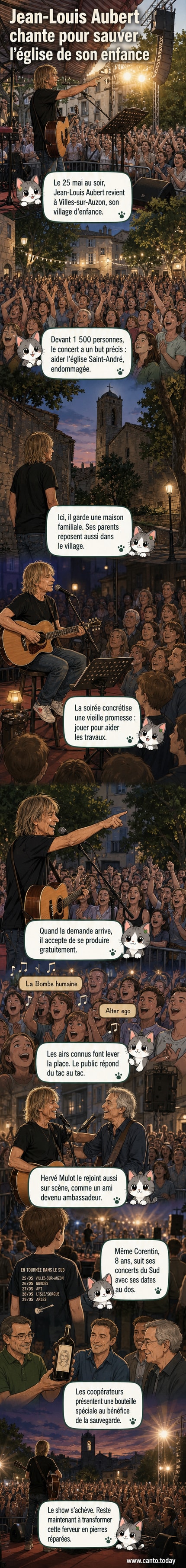 Jean-Louis Aubert en concert acoustique sur la place centrale de Villes-sur-Auzon, entouré de fans sous un ciel étoilé, avec l’église Saint-André en arrière-plan.