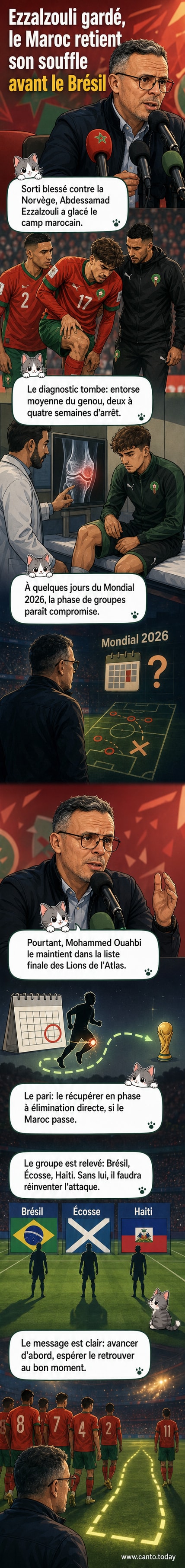 Illustration d'un joueur marocain en tenue rouge portant un genou immobilisé, entouré de ses coéquipiers et du sélectionneur discutant tactique, avec le stade du Brésil en arrière-plan.