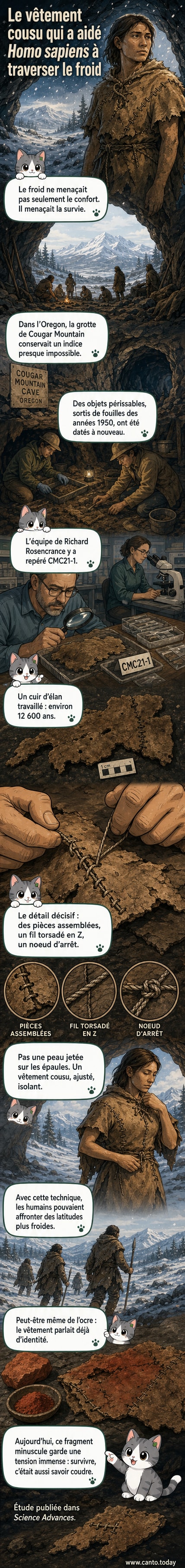 Reconstitution d’un vêtement en cuir cousu porté par des humains préhistoriques, basée sur un fragment découvert en Oregon datant de 12 600 ans.