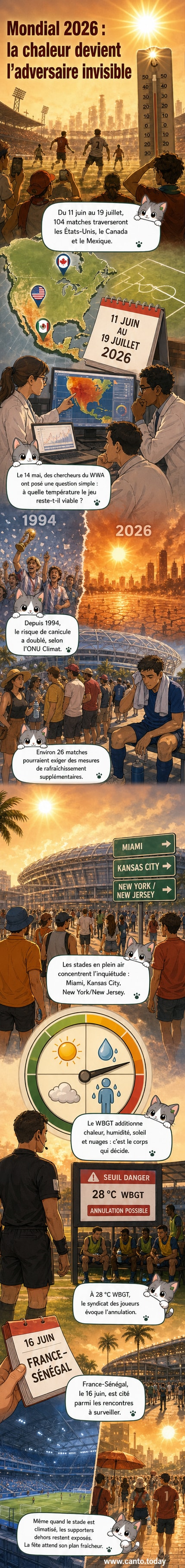 Illustration d'un stade de football sous un ciel brûlant, avec des joueurs en sueur et des supporters sous des parasols, entourés de symboles de chaleur ondulante.