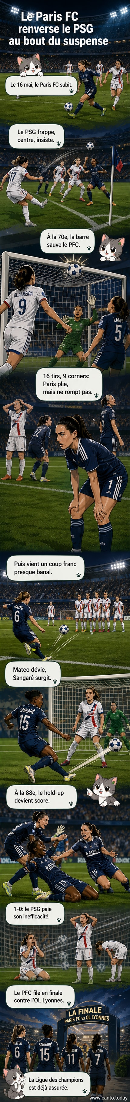 Illustration d'un match de football féminin tendu, avec Hawa Sangaré célébrant son but à la 88e minute face à une gardienne immobile.