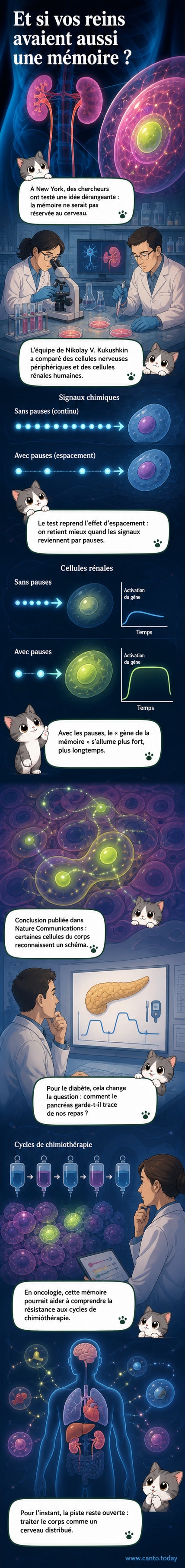 Représentation artistique de cellules rénales illuminées, symbolisant l'activation du gène de la mémoire lors d'un apprentissage espacé.
