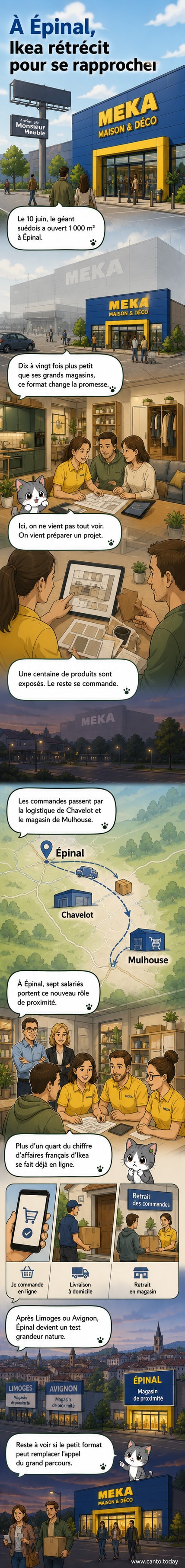 Vue d'un nouveau magasin Ikea en centre commercial, plus petit que les grands sites traditionnels, avec une façade moderne et des clients entrant.