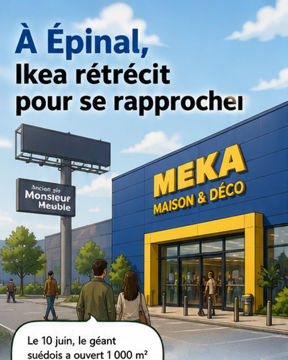 Vue d'un nouveau magasin Ikea en centre commercial, plus petit que les grands sites traditionnels, avec une façade moderne et des clients entrant.