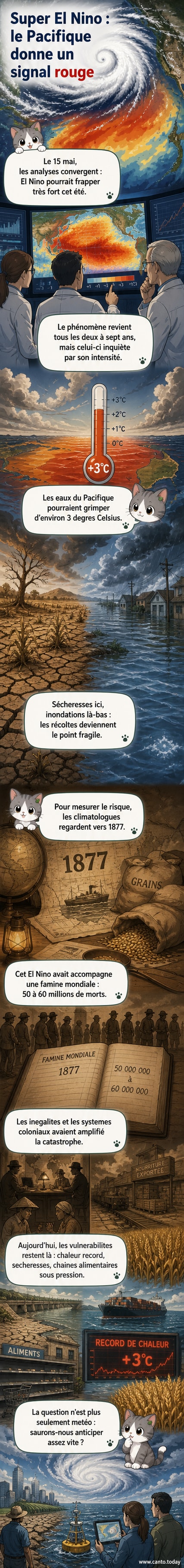 Illustration d’un océan Pacifique anormalement chaud, avec des zones de sécheresse et d’inondation sur les continents environnants, symbolisant l’impact mondial du phénomène El Niño.