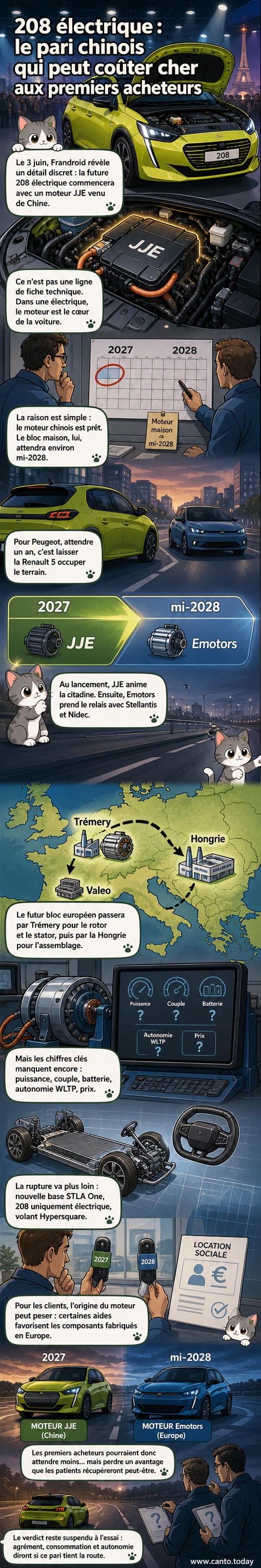 Illustration d'une Peugeot 208 électrique avec un moteur chinois sous le capot, accompagnée d'un schéma montrant la transition vers un moteur européen en 2028.