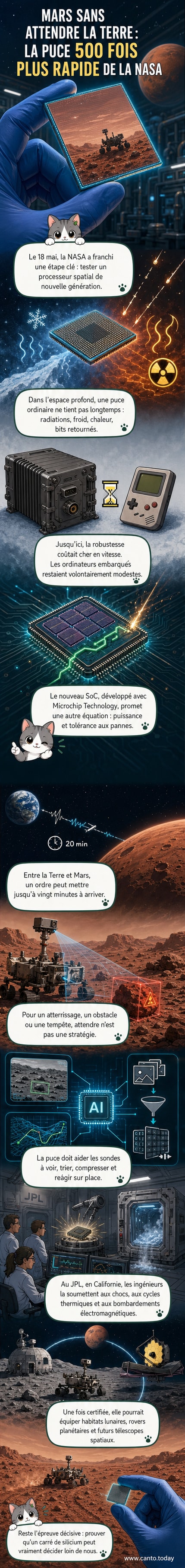 Illustration d’un rover martien équipé d’un nouveau processeur, entouré de symboles représentant des données, des circuits et des radiations, sous un ciel martien orangé.