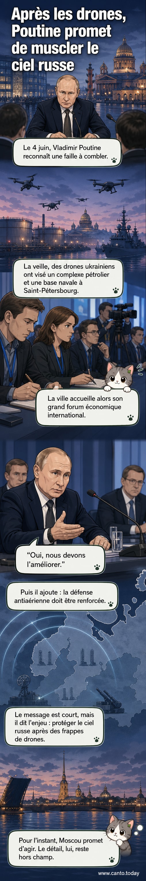 Illustration d'un dirigeant russe parlant devant un fond de systèmes de défense antiaérienne, avec des drones en arrière-plan.