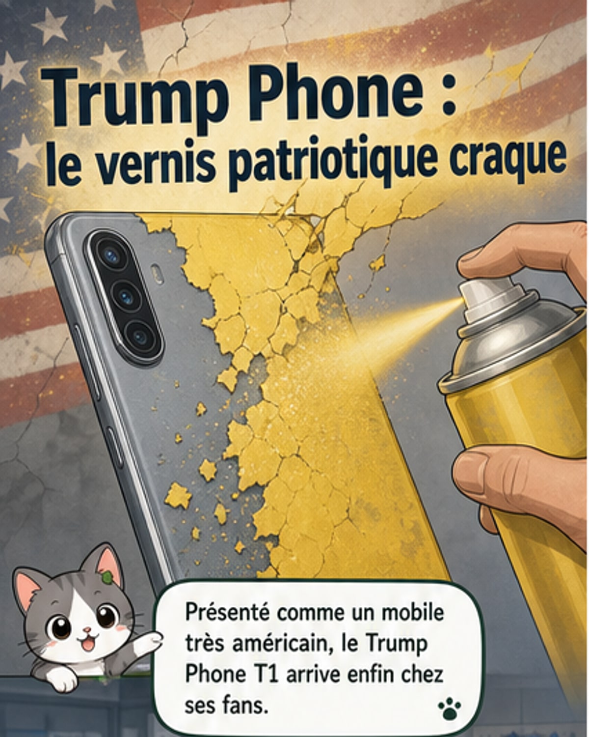 Vue en démontage du Trump Phone T1 à côté d'un HTC U24 Pro, montrant des composants internes identiques sauf pour la batterie, avec une coque jaune distinctive.
