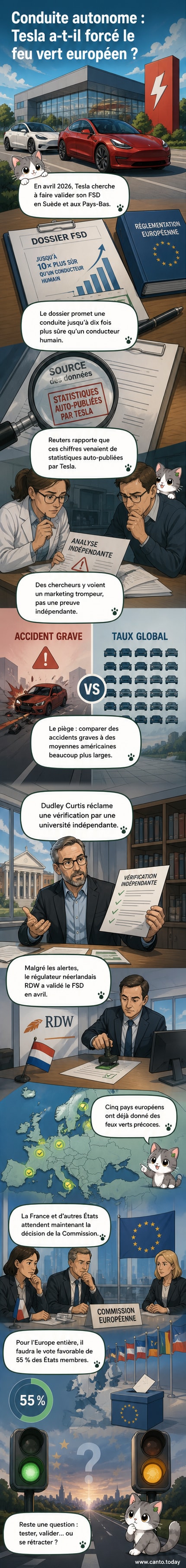 Illustration d'une Tesla en conduite autonome sur une route européenne, entourée de pictogrammes représentant des données statistiques et des drapeaux de pays de l'UE, avec un symbole d'alerte sur les chiffres de sécurité.