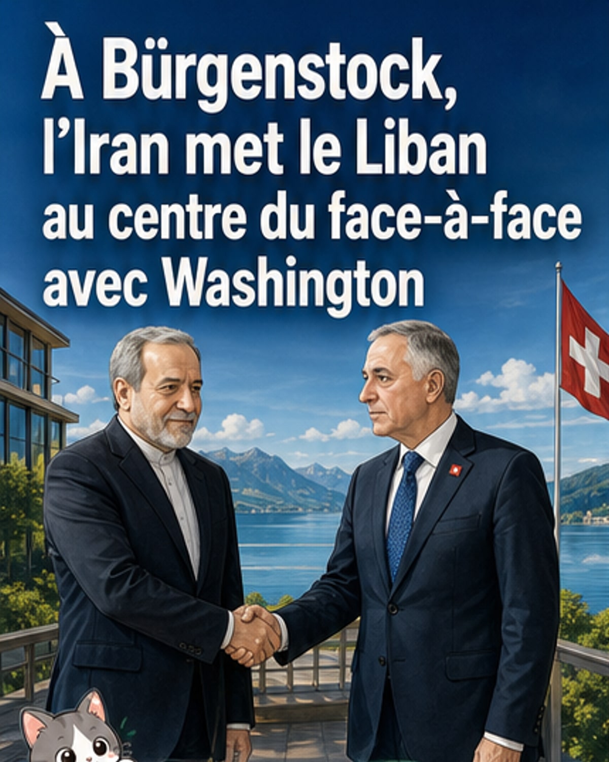 Illustration d'une table de négociation entre les États-Unis et l'Iran en Suisse, avec en arrière-plan le détroit d'Ormuz et des navires bloqués.