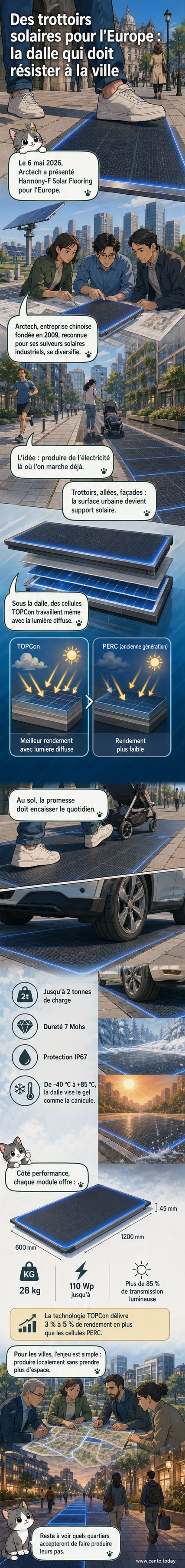 Vue d'artiste d'une allée urbaine recouverte de dalles solaires transparentes produisant de l'électricité sous la lumière du soleil.
