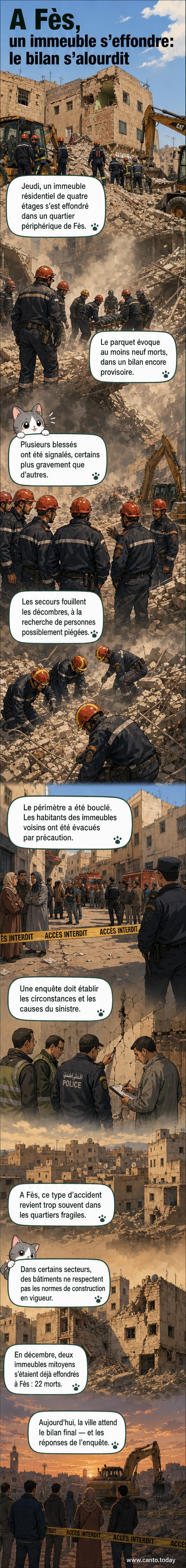 Ruines d’un immeuble effondré à Fès, entouré de secours et de badauds, avec des débris visibles sous un ciel gris.