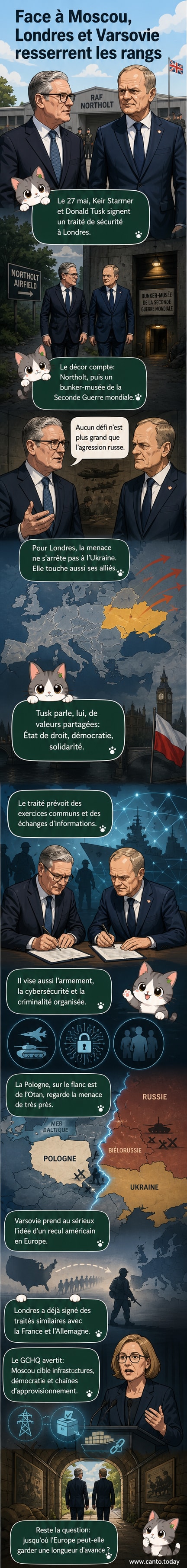 Les premiers ministres britannique Keir Starmer et polonais Donald Tusk signent un traité de sécurité à la base aérienne de Northolt, entourés de drapeaux britanniques et polonais.