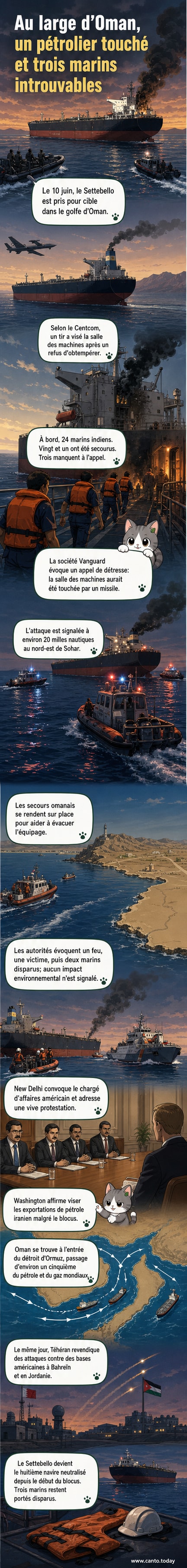 Illustration d'un pétrolier en feu dans le golfe d'Oman, avec des avions de combat en arrière-plan et des bateaux de secours à proximité.