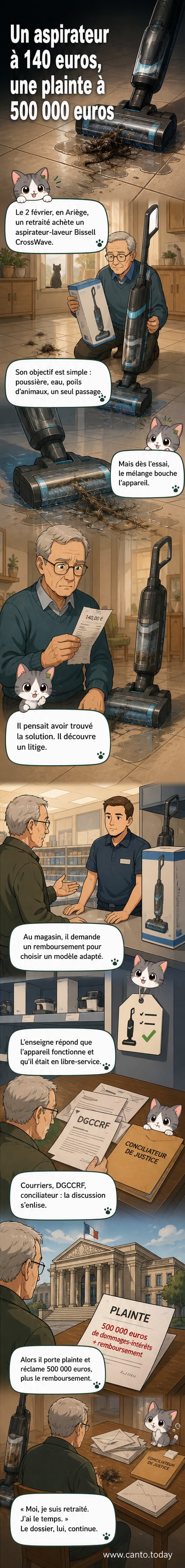 Un homme âgé tient un aspirateur-laveur Bissell CrossWave devant un sol sale avec des poils d’animaux, l’air frustré.