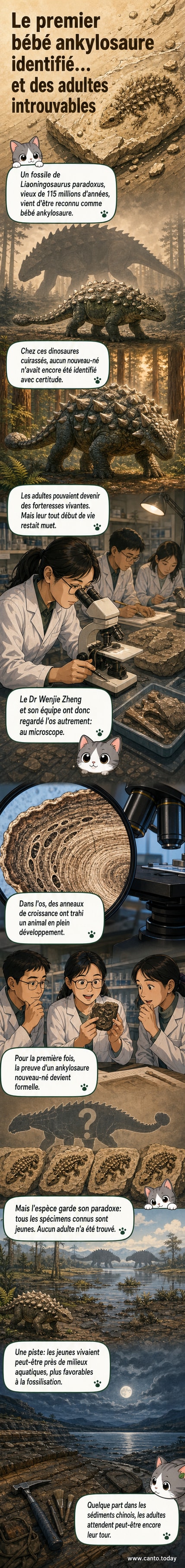 Reconstitution artistique d’un petit ankylosaure juvénile fossilisé, entouré de sédiments lacustres, avec des détails microscopiques d’os en surimpression.