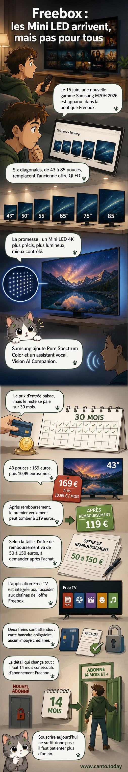Téléviseur Samsung Mini LED 4K affiché sur fond noir avec interface de la boutique Freebox, montrant options de paiement échelonné et remise en cours.