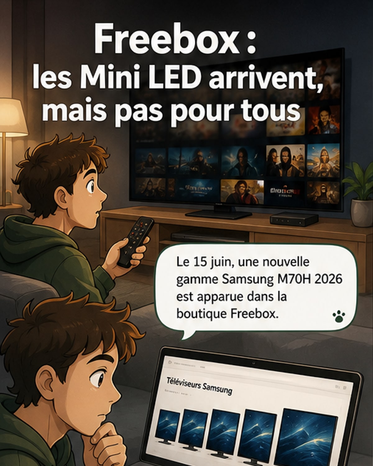 Téléviseur Samsung Mini LED 4K affiché sur fond noir avec interface de la boutique Freebox, montrant options de paiement échelonné et remise en cours.