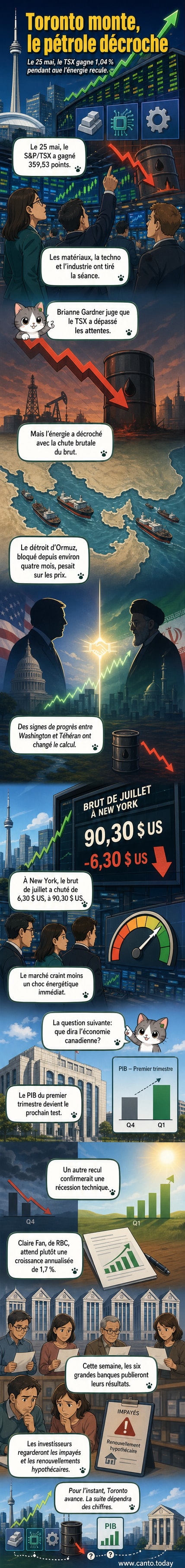 Graphique en hausse du S&P/TSX avec des icônes représentant des métaux, du pétrole et une poignée de main symbolisant un accord géopolitique.