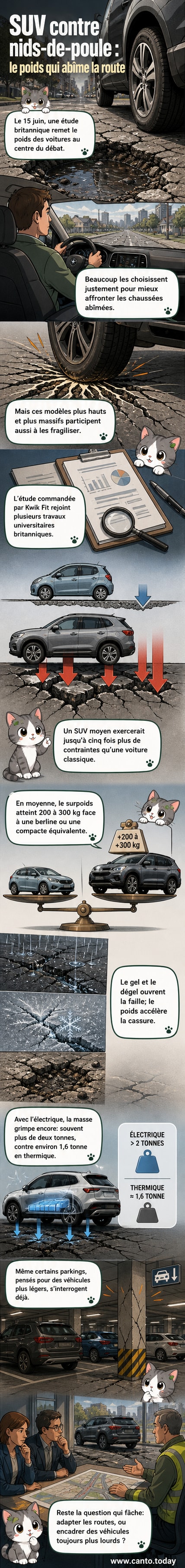 Illustration d'un SUV électrique sur une route abîmée avec plusieurs nids-de-poule, symbolisant l'impact du poids des véhicules sur la dégradation du bitume.