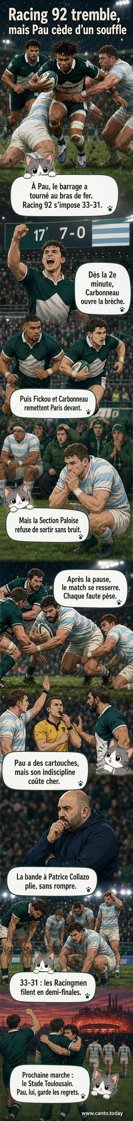Illustration d'un match de rugby tendu entre Pau et Racing 92, avec des joueurs en action sous les projecteurs, score final 33-31.