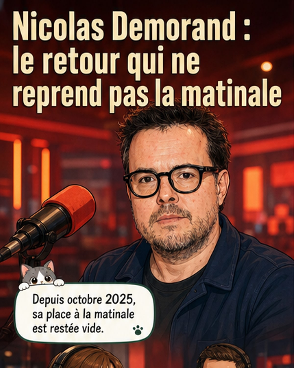 Portrait en noir et blanc de Nicolas Demorand, regard tourné vers l'extérieur, entouré d'ondes sonores symbolisant un podcast sur la santé mentale.