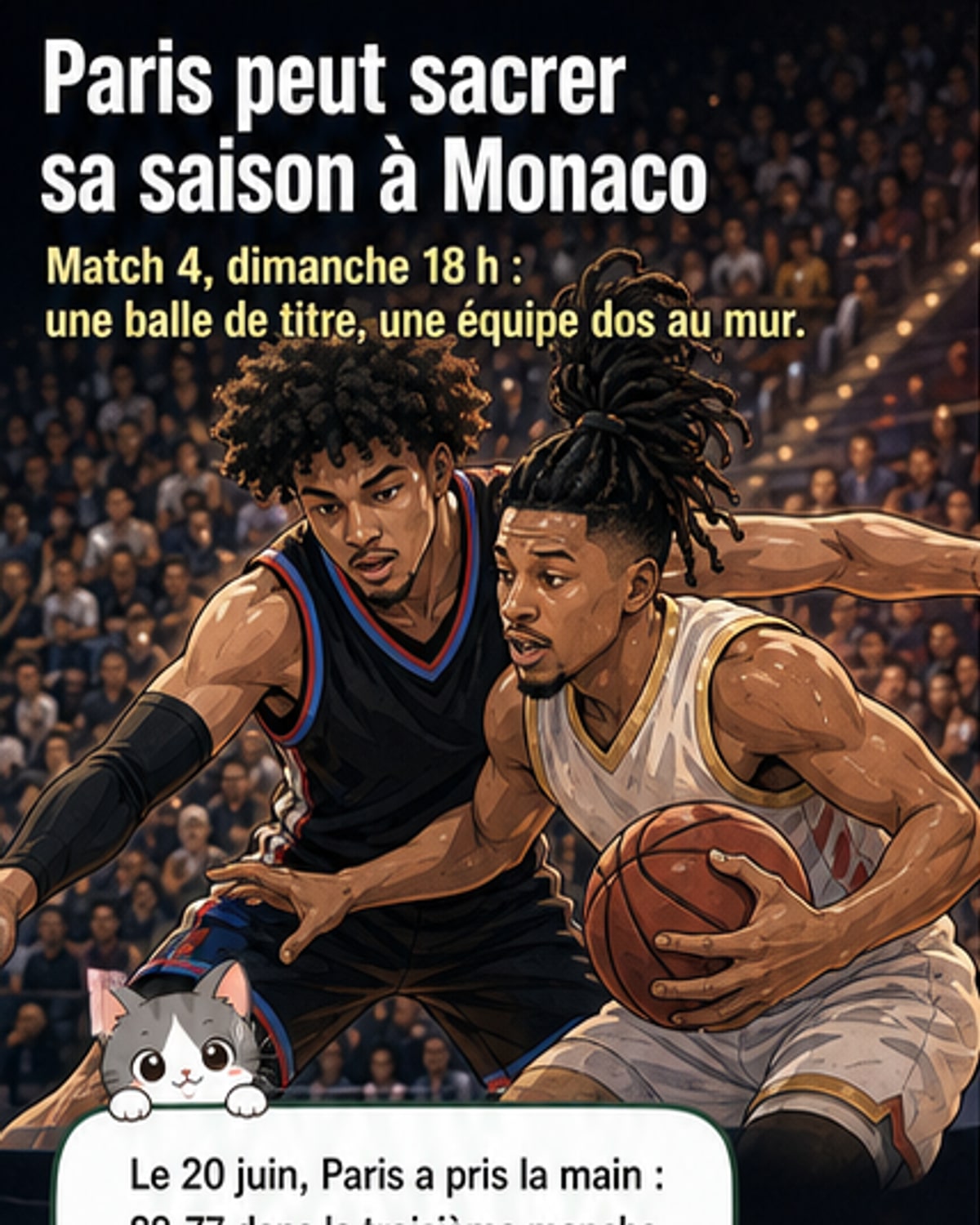 Affrontement tendu entre deux joueurs lors de la finale de Betclic Élite, sous les projecteurs de l'Arena de Monte-Carlo.