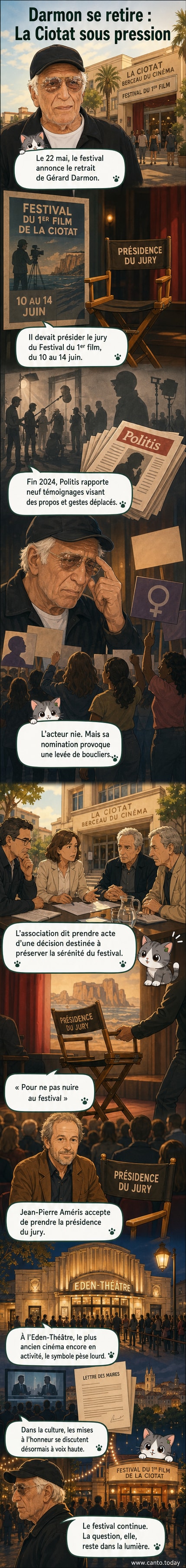 Affiche du Festival du 1er film de La Ciotat avec le nom de Gérard Darmon barré, entouré de silhouettes de manifestants et du logo du festival.