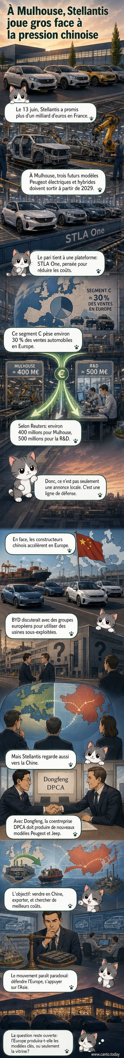 Usine Peugeot à Mulhouse entourée d'éléments représentant des voitures électriques et des symboles chinois, illustrant la tension entre production locale et pression internationale.