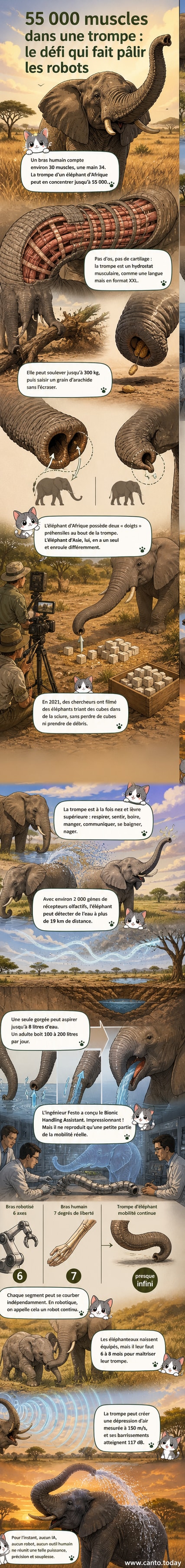 Illustration schématique de la trompe d’un éléphant, montrant les faisceaux musculaires internes et ses multiples fonctions : saisir, soulever, respirer, boire.