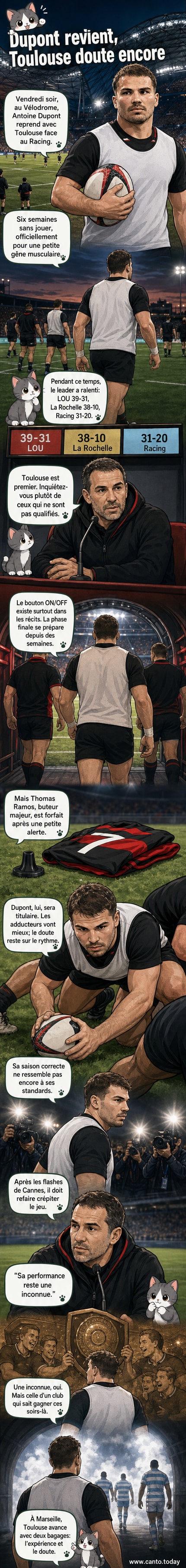 Antoine Dupont, en tenue de rugby du Stade toulousain, s'élance sur le terrain du Vélodrome sous les projecteurs, regard déterminé, en vue de la demi-finale contre le Racing 92.