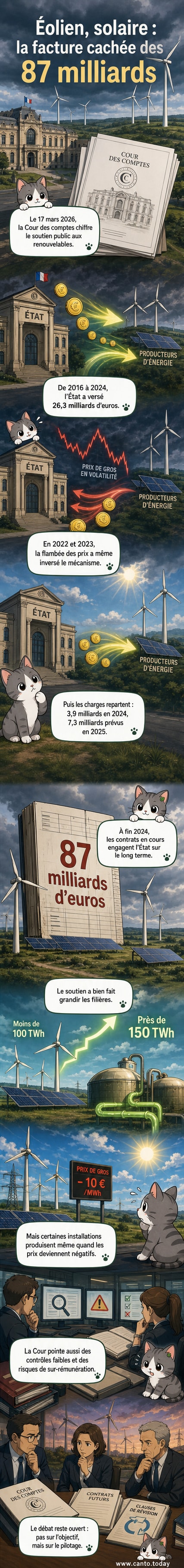 Infographie montrant l'évolution du coût du soutien aux énergies renouvelables en France entre 2016 et 2025, avec les pics de dépenses, les heures de prix négatifs et les engagements futurs à 87 milliards d'euros.