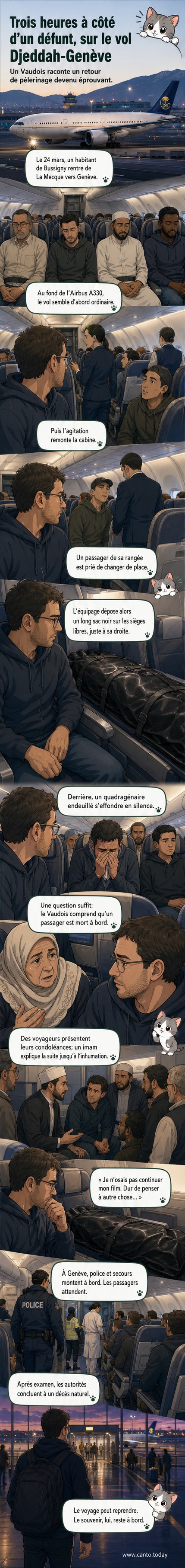 Illustration d'un avion de ligne avec un passager assis à côté d'un grand sac noir sur des sièges vides, symbolisant la présence d'un corps décédé à bord.
