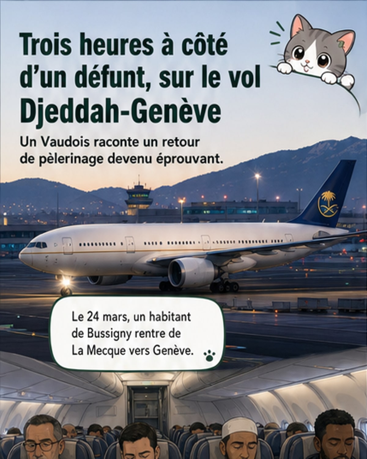 Illustration d'un avion de ligne avec un passager assis à côté d'un grand sac noir sur des sièges vides, symbolisant la présence d'un corps décédé à bord.