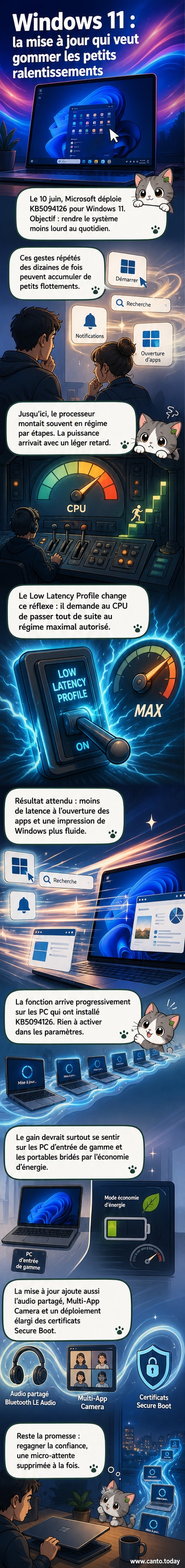 Illustration d’un écran Windows 11 s’animant rapidement après un clic, avec des flèches montrant la montée instantanée de la fréquence du processeur.