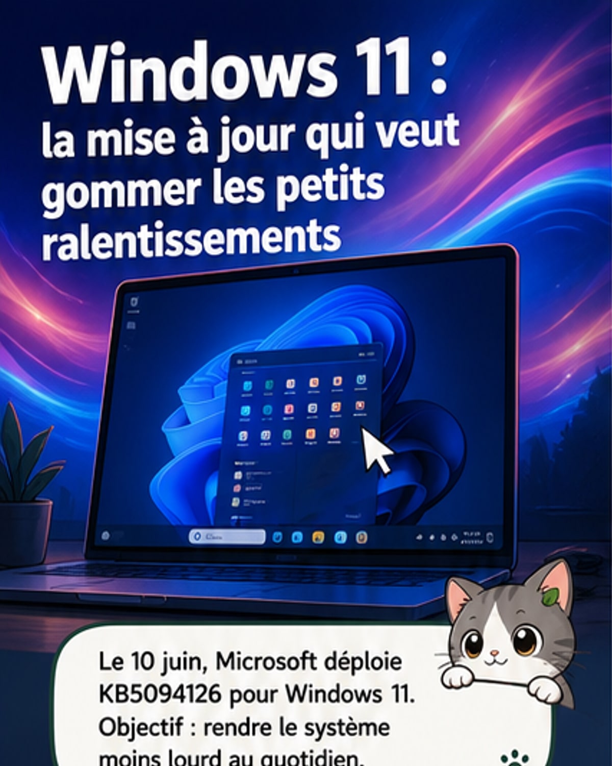 Illustration d’un écran Windows 11 s’animant rapidement après un clic, avec des flèches montrant la montée instantanée de la fréquence du processeur.