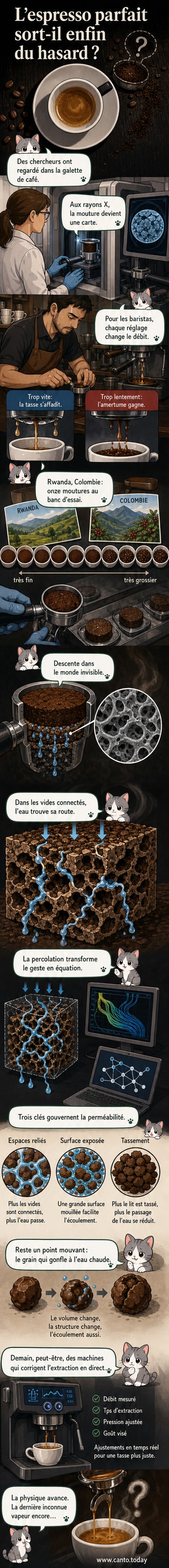 Représentation 3D d'une galette de café compacté, montrant un réseau complexe de tunnels et de cavités microscopiques vus grâce à la microtomographie à rayons X.