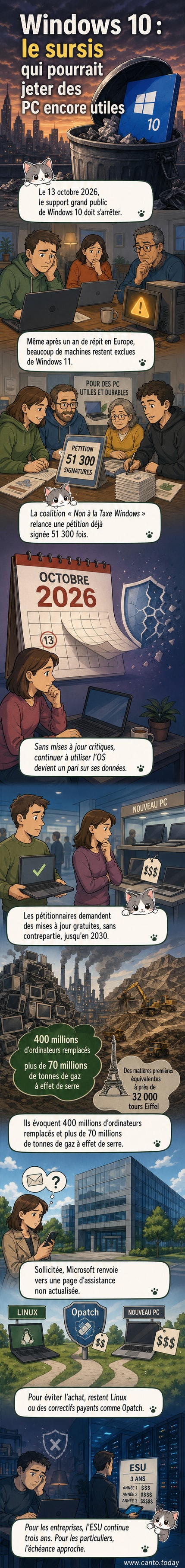 Illustration d’un PC avec le logo Windows 10 en train de s’éteindre, entouré de symboles d’alerte de sécurité et d’une silhouette de la planète Terre affectée par des émissions de CO2.