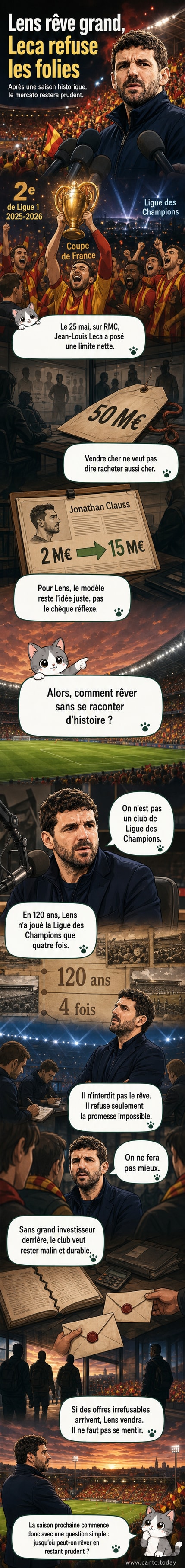 Jean-Louis Leca, directeur sportif du RC Lens, s'exprime devant un micro lors d'une émission, avec en arrière-plan le logo du club et un écran affichant un tweet sur sa déclaration.
