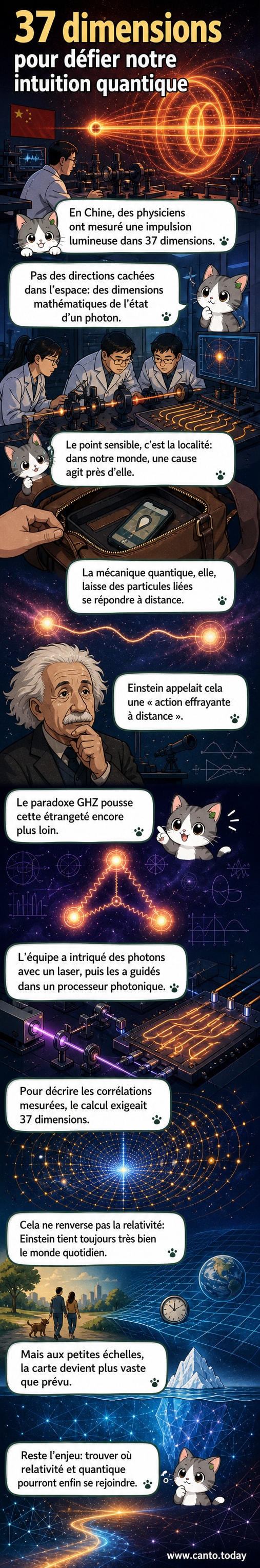 Représentation artistique d'un faisceau de lumière traversant un espace multidimensionnel abstrait, avec des lignes courbes et des points lumineux symbolisant des photons intriqués dans un cadre quantique complexe.