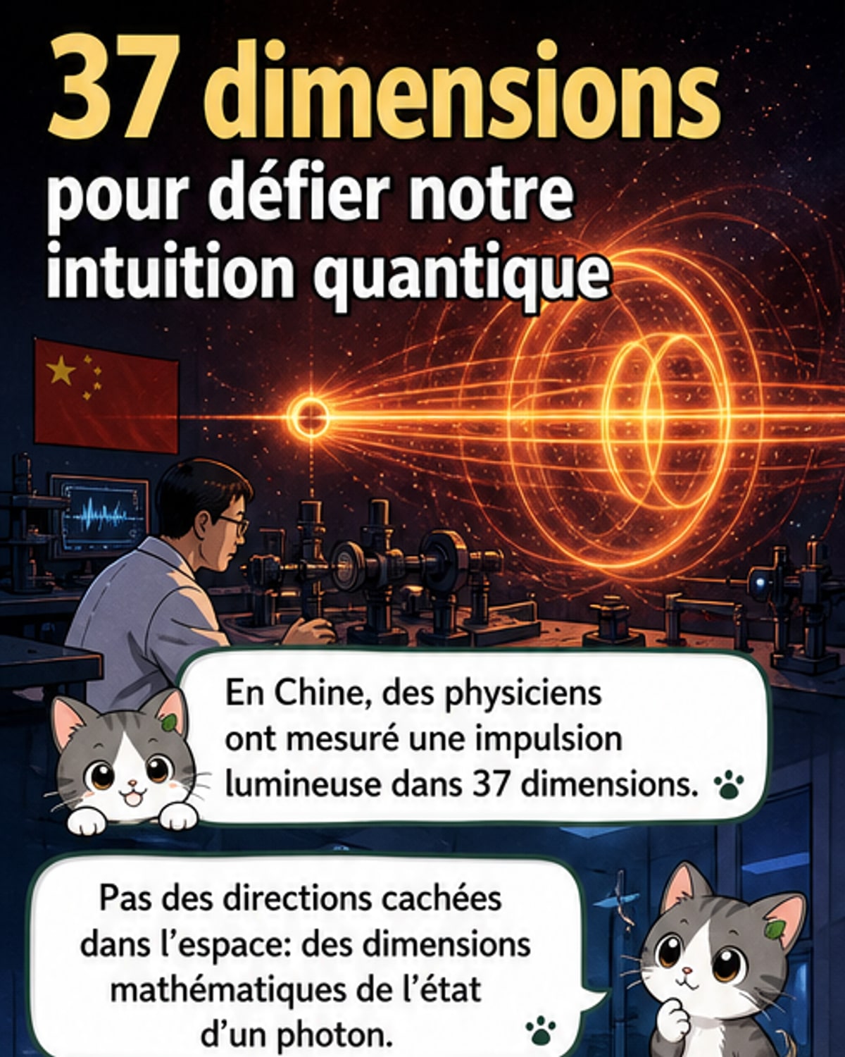 Représentation artistique d'un faisceau de lumière traversant un espace multidimensionnel abstrait, avec des lignes courbes et des points lumineux symbolisant des photons intriqués dans un cadre quantique complexe.