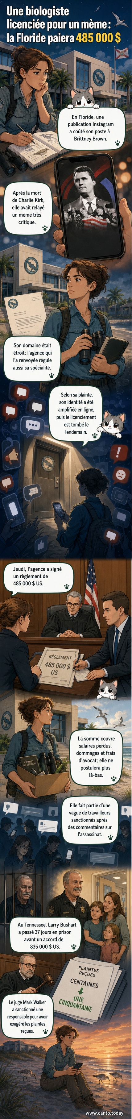 Illustration d'une biologiste face à un écran affichant un mème, entourée d'icônes représentant des réseaux sociaux, un licenciement et une cour de justice.