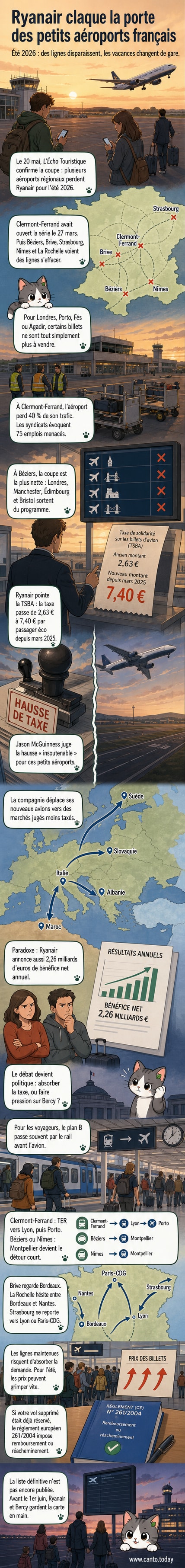 Carte de France montrant les aéroports régionaux desservis par Ryanair en 2026, avec en rouge ceux abandonnés pour la saison estivale : Clermont-Ferrand, Béziers, Brive, Nîmes, La Rochelle et Strasbourg.
