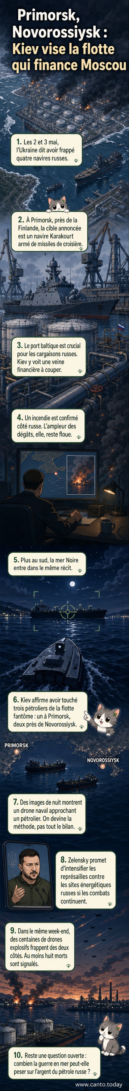 Illustration d’un drone naval ukrainien s’approchant d’un pétrolier russe dans un port sombre, avec des flammes à l’horizon et des navires militaires en arrière-plan.